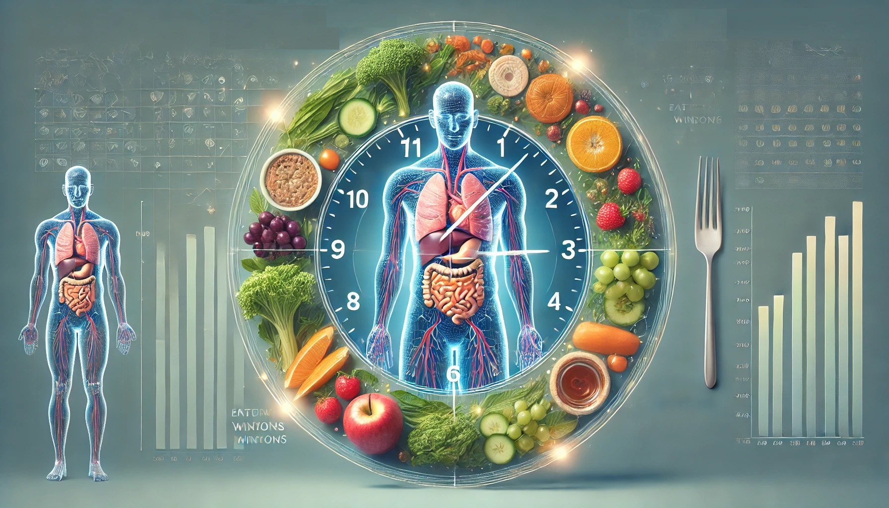 Illustration of 16/8 intermittent fasting showing healthy foods, meal timing, and human metabolism