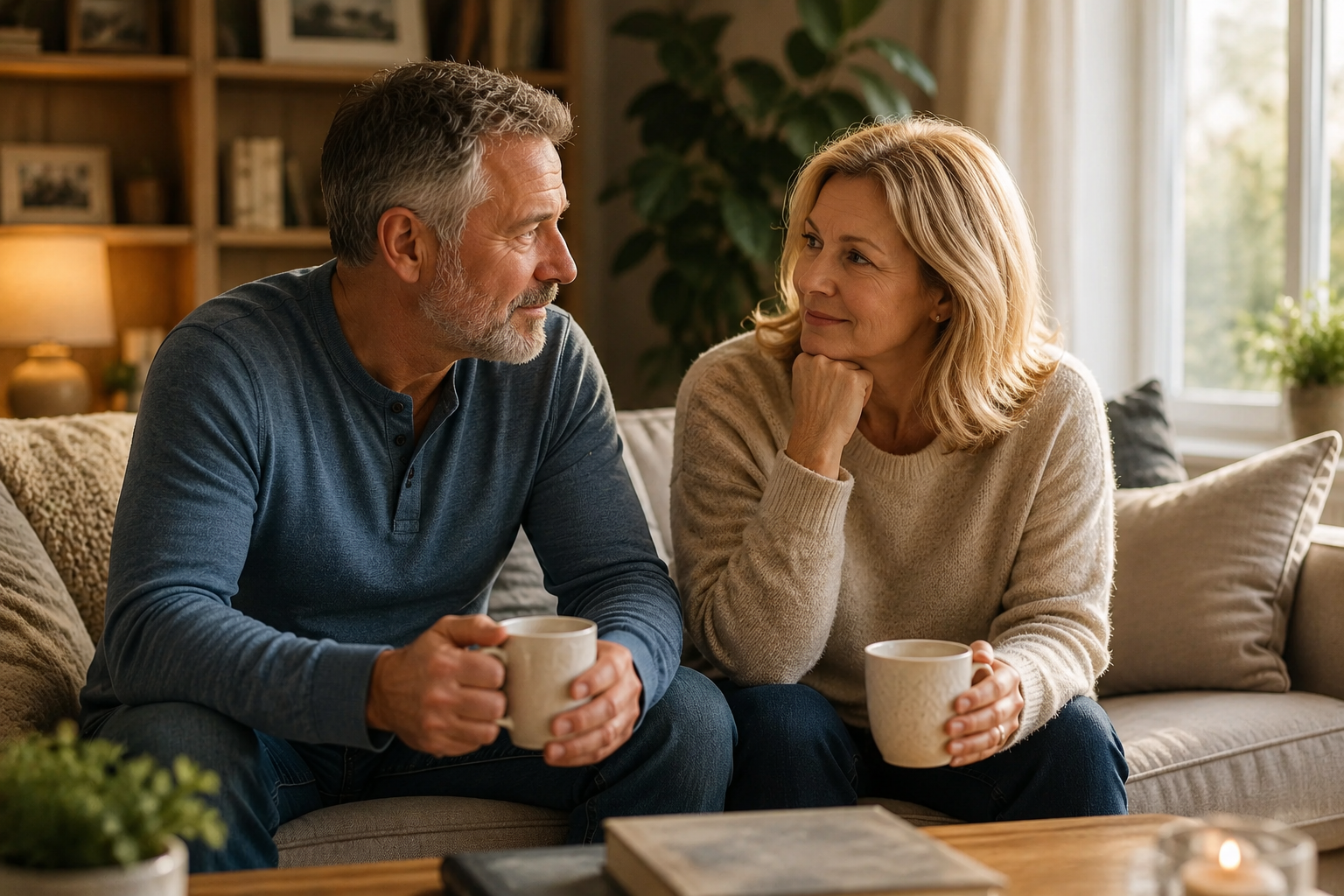 Support, Wellness and Men’s Health Conversations Mature couple having a supportive conversation about men's wellness and emotional well-being at home