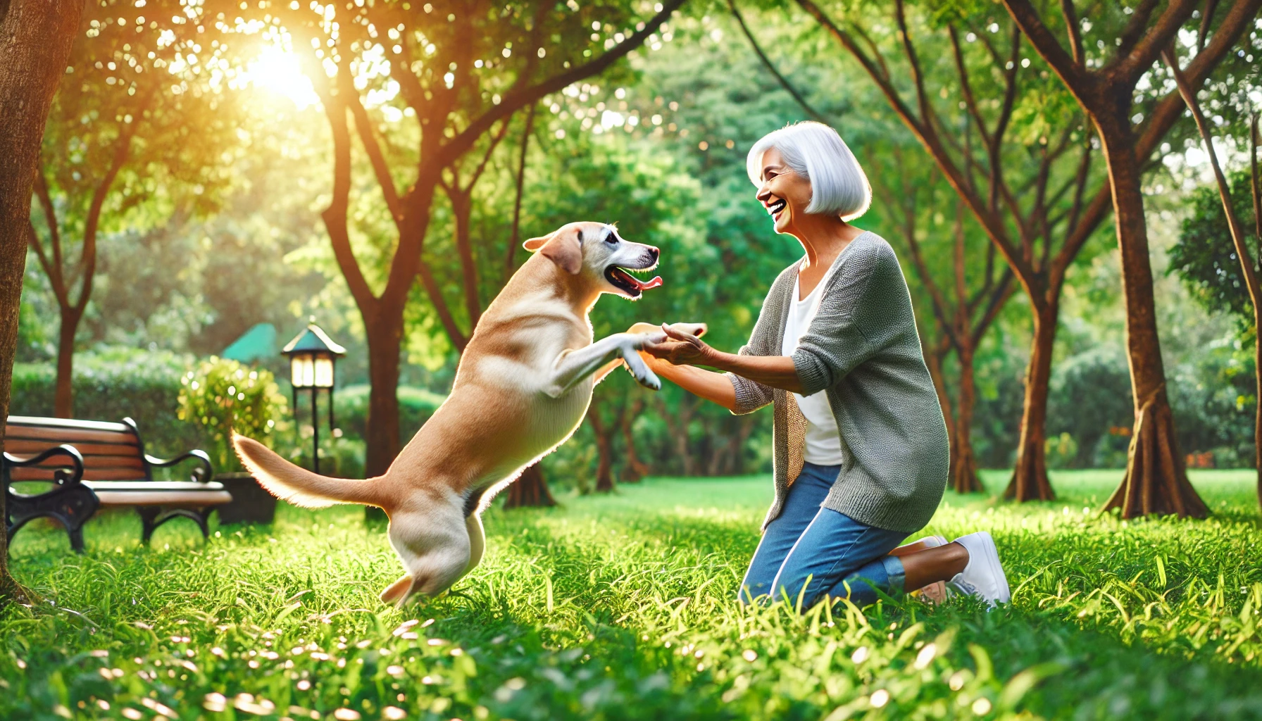 Happy older woman playing with her dog outdoors in a park while enjoying an active and joyful moment