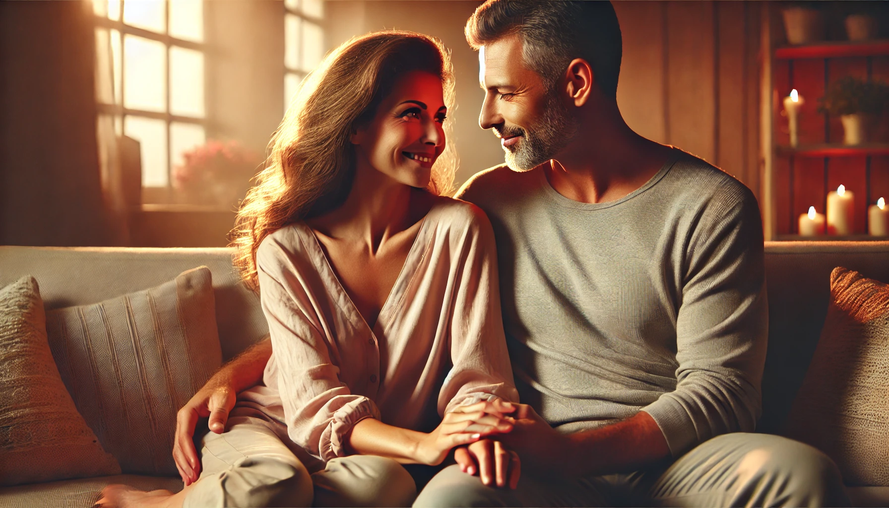 Understanding Women’s Libido and Emotional Connection Happy couple sharing a warm and intimate moment together at home, representing emotional connection and relationship well-being