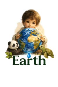 Earth eco-friendly vegan store logo with child protecting the planet and animals
