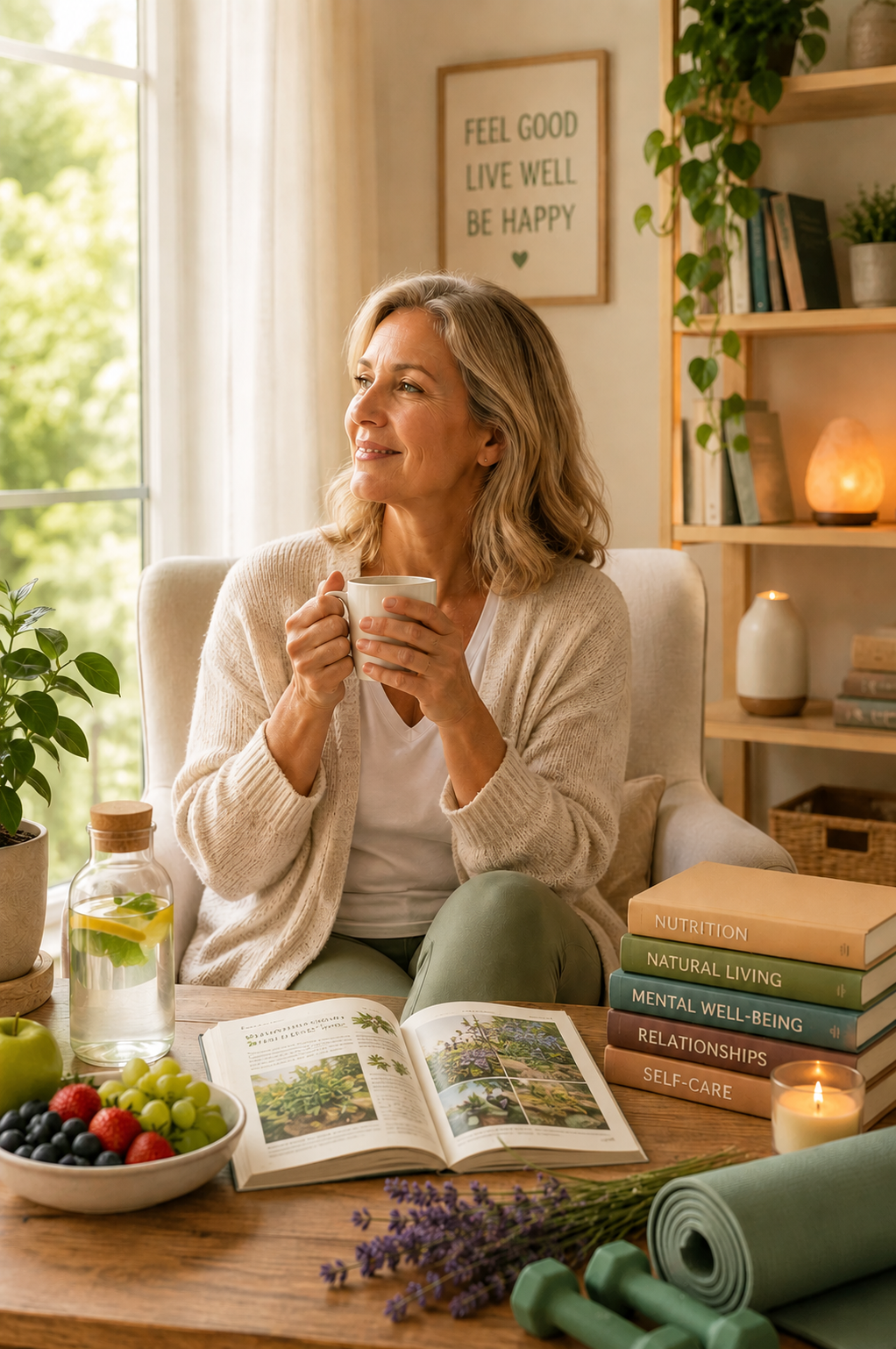 Woman enjoying a peaceful wellness lifestyle with healthy habits, self-care and natural living.